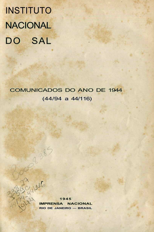 Capa do Livro Instituto Nacional do Sal -Comunicados do ano de 1944