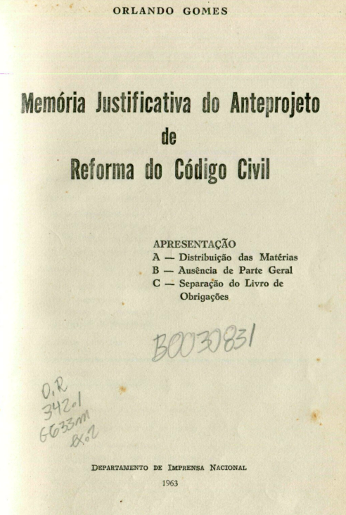 Capa do Livro Memória Justificativa do Anteprojeto de Reforma do Código Civil