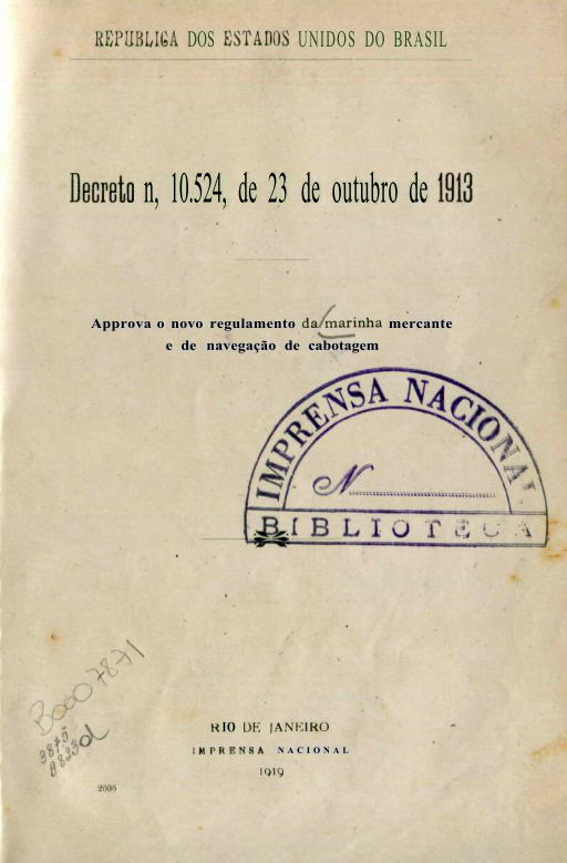 Capa do Livro Decreto n. 10.524, de 23 de outubro de 1913