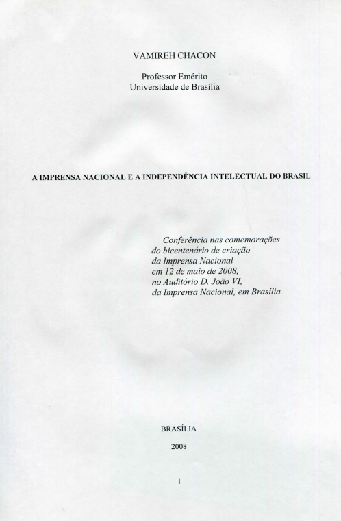 Capa do Livro Conferência A Imprensa Nacional e a Independência Intelectual do Brasil