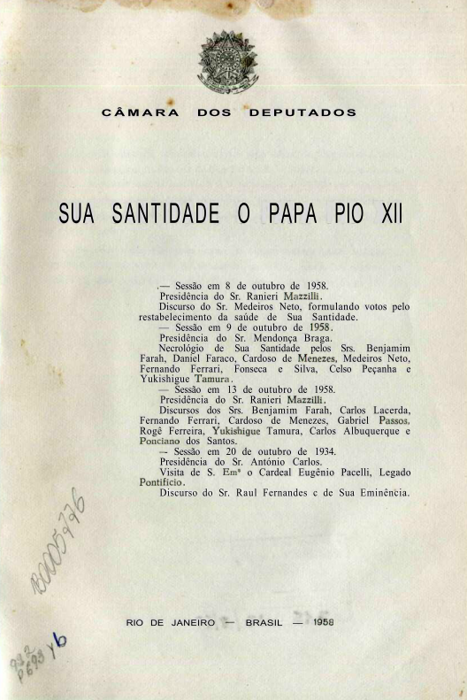 Capa do Livro Sua Santidade o Papa Pio XII - Câmara dos Deputados
