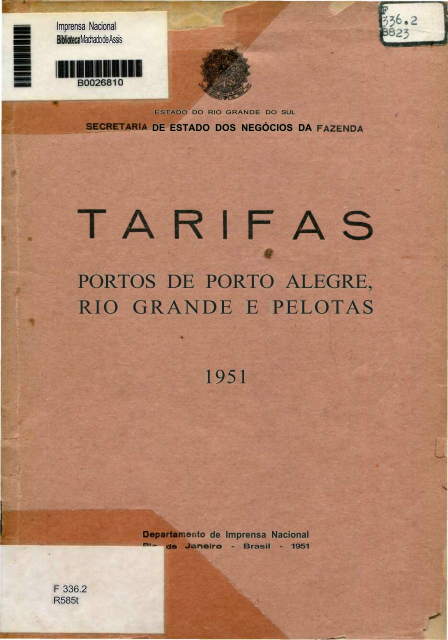 Capa do Livro Tarifas - Portos de Porto Alegre, Rio Grande e Pelotas