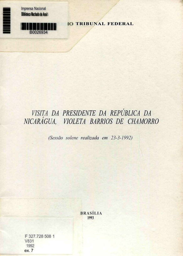 Capa do Livro Visita da Presidente da República da Nicaragua, Violeta Barrios de Chamorro