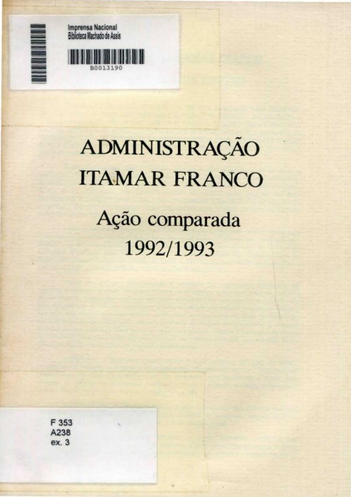 Capa do Livro Administração Itamar Franco (Ação Comparada) - 1992 / 1993