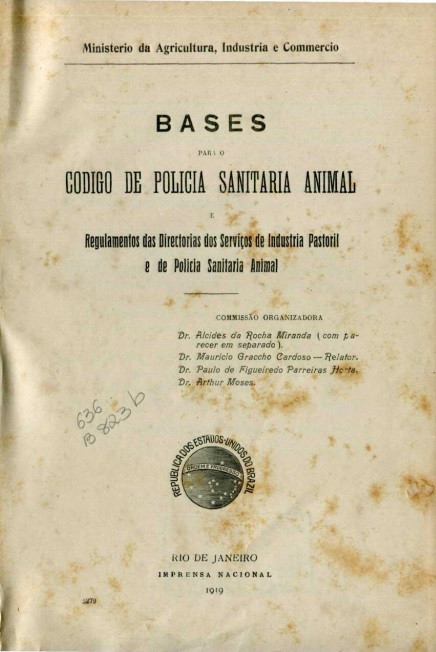 Capa do Livro Bases Para o Código de Polícia Sanitária Animal e Regulamentos das Directorias dos Serviços de Industria Pastoril e de Policia Sanitária Animal