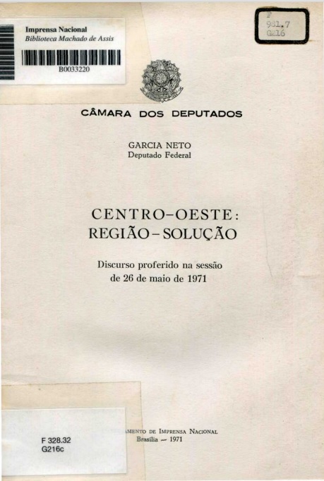 Capa do Livro Centro-Oeste : Região-solução - Discurso proferido na sessão de 26 de maio de 1971