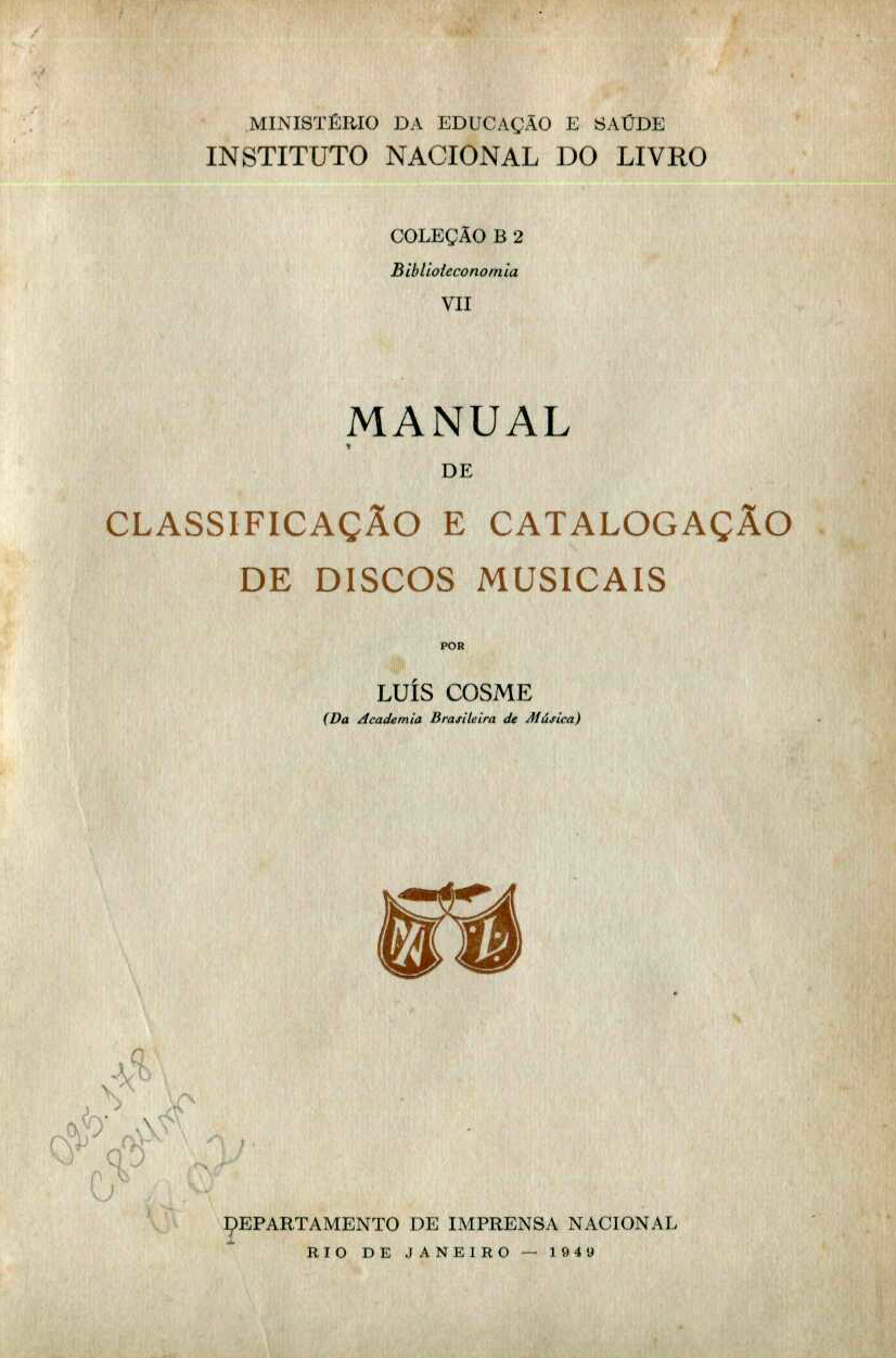 Capa do Livro Manual de Classificação e Catalogação de Discos Musicais