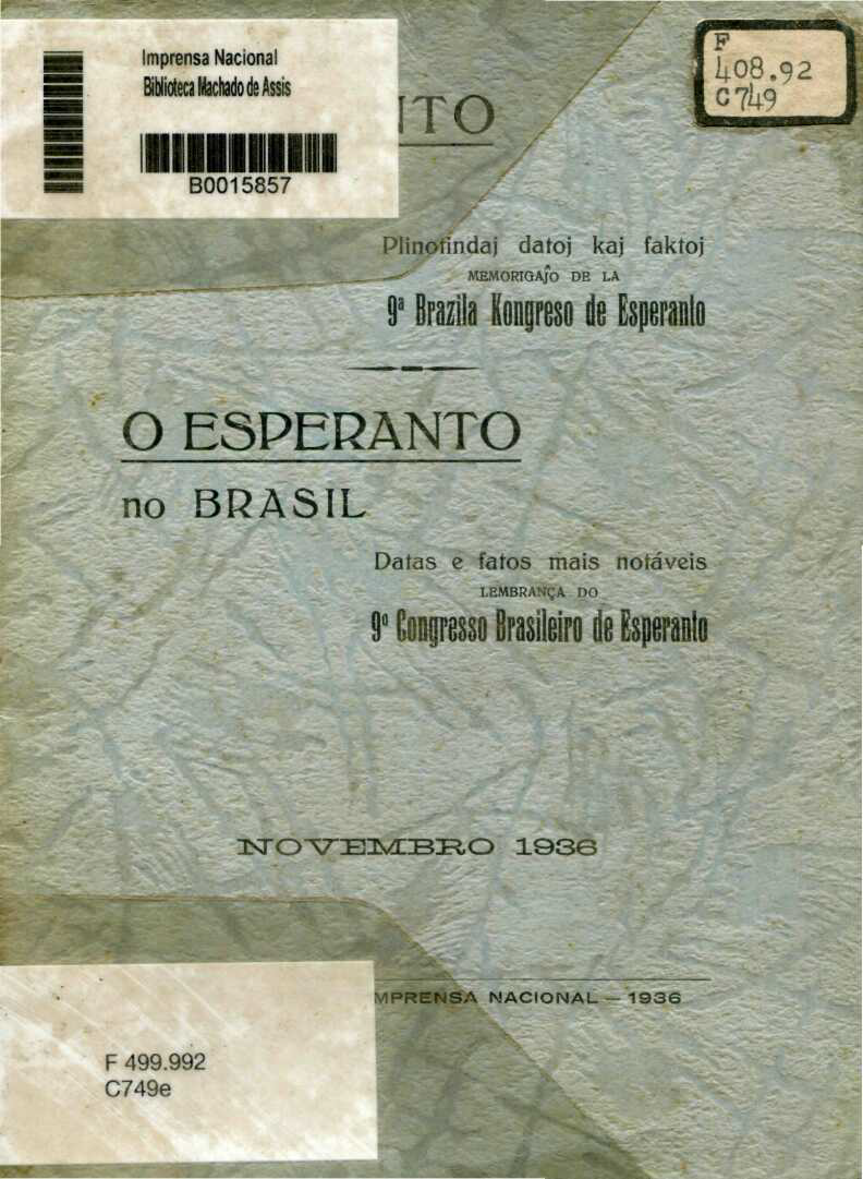 Capa do Livro O Esperanto no Brasil - 9º Congresso Brasileiro de Esperanto