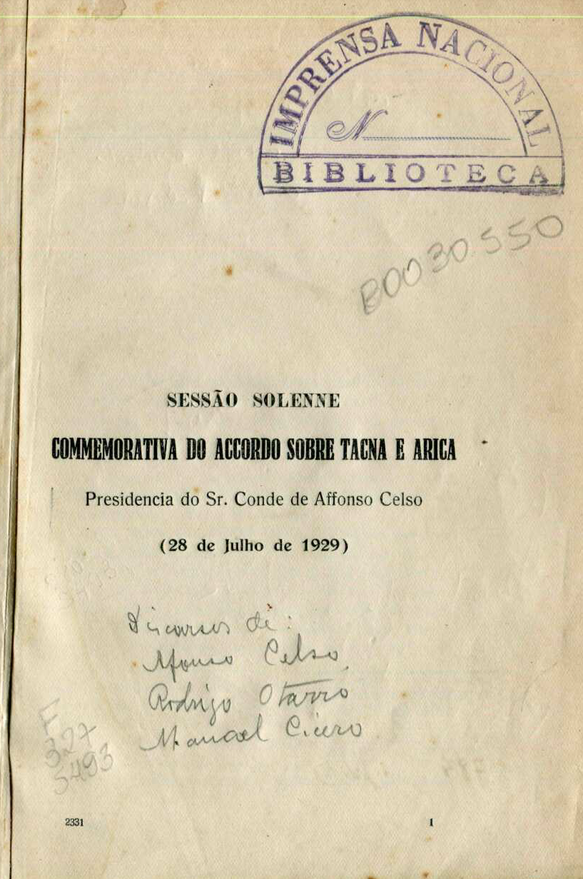 Capa do Livro Sessão Solenne Commemorativa do Acordo Sobre Tacna e Arica