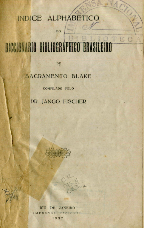 Capa do Livro Indice Alphabetico do Diccionario Bibliographico Brasileiro