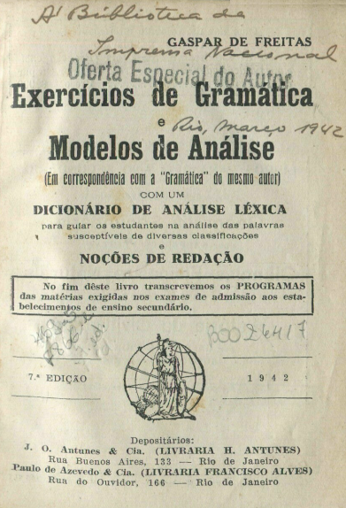 Capa do Livro Exercícios de Gramática e Modelos de Análise