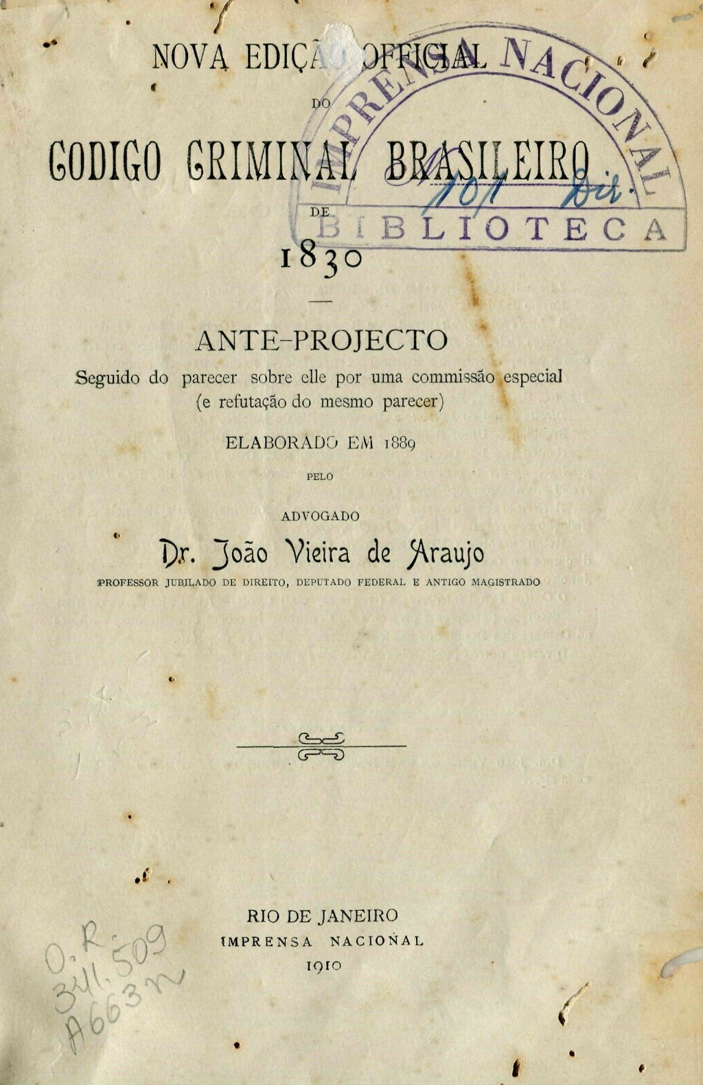 Capa do Livro Codigo Criminal Brasileiro de 1830 - Ante-Projecto
