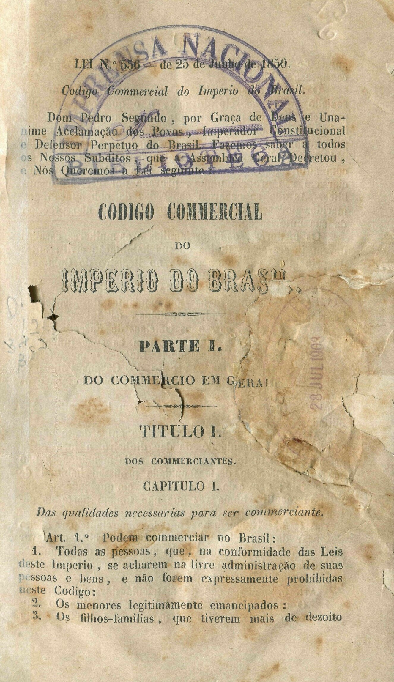 Capa do Livro Codigo Comercial do Imperio do Brasil