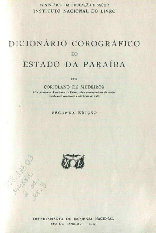 Capa do Livro Dicionário Corográfico do Estado da Paraíba