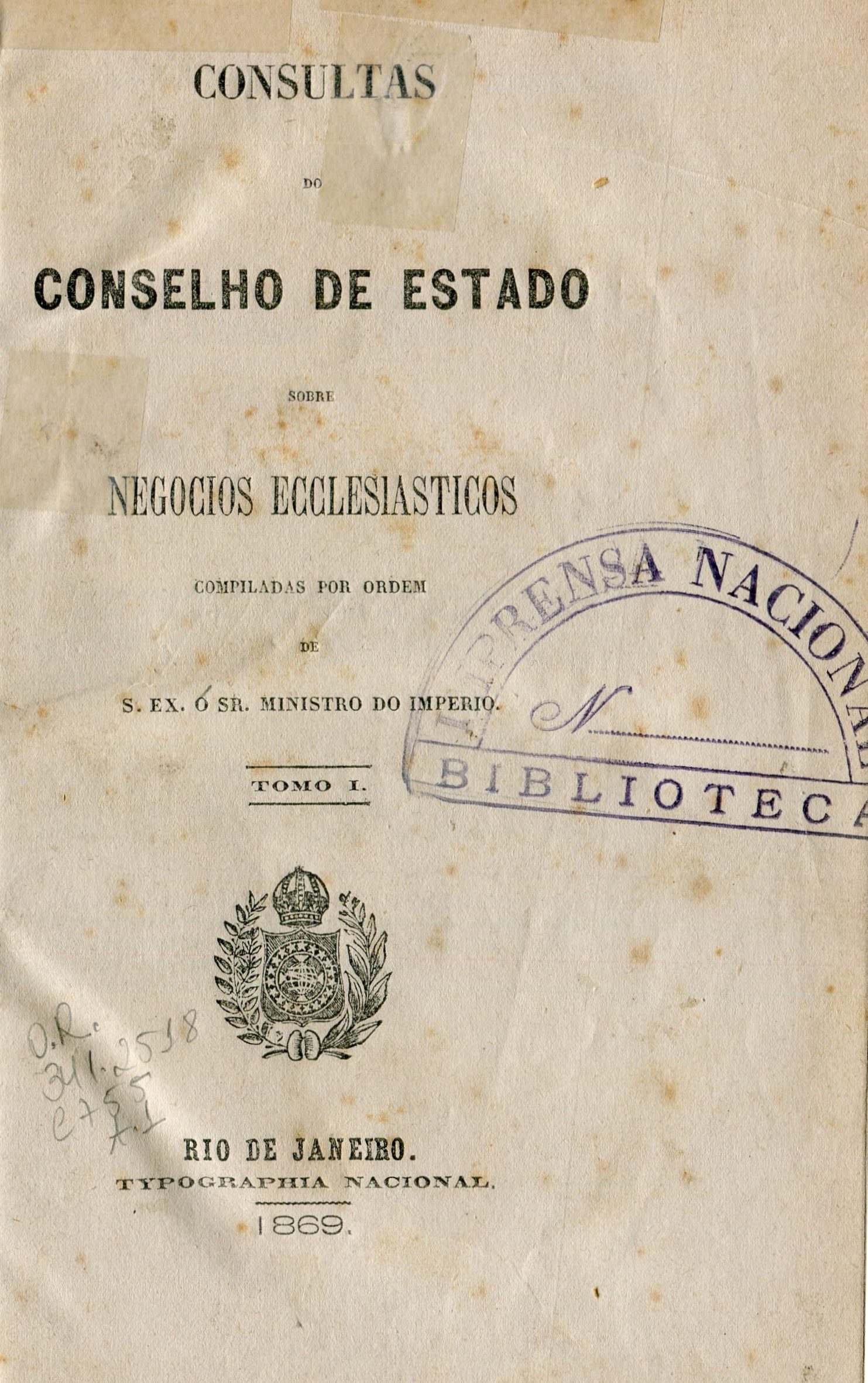 Capa do Livro Consultas do Conselho de Estado sobre Negócios Ecclesiásticos - Tomo I