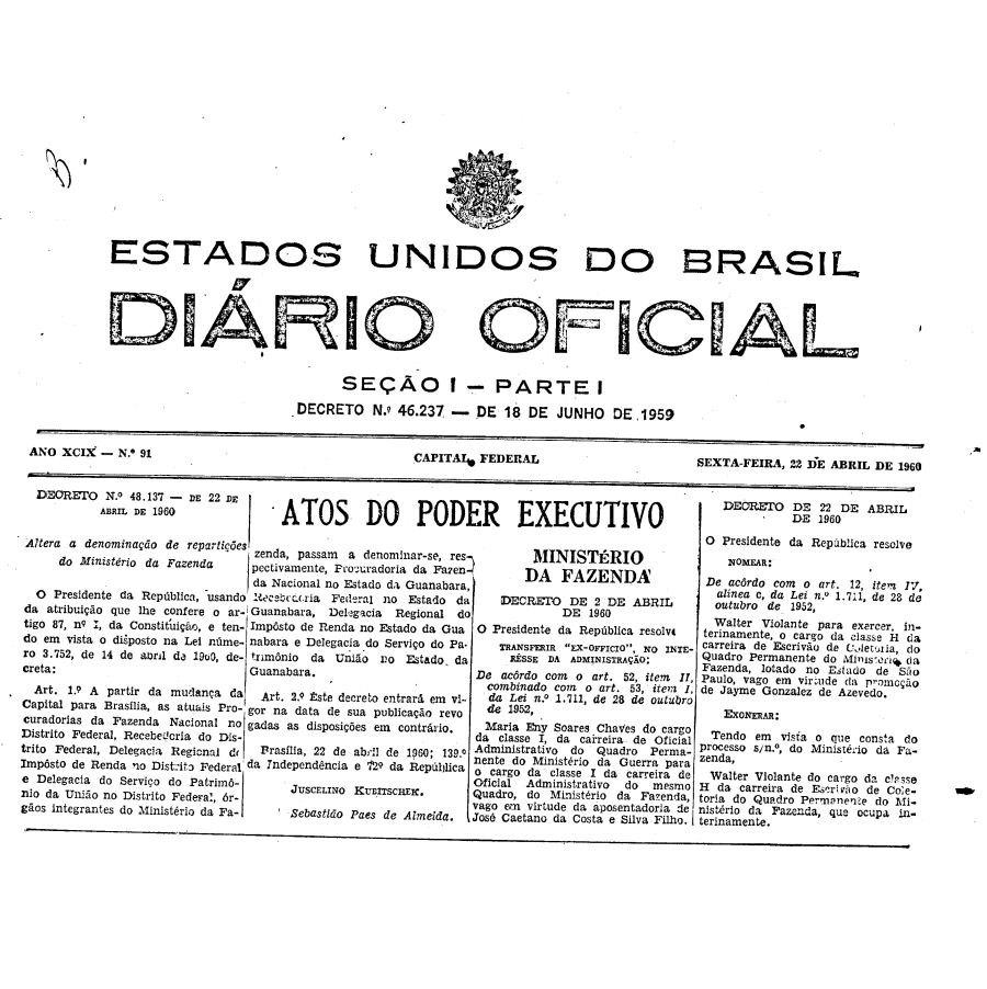 Primeiro Diário Oficial impresso em Brasília no dia 22 de abril de 1960.