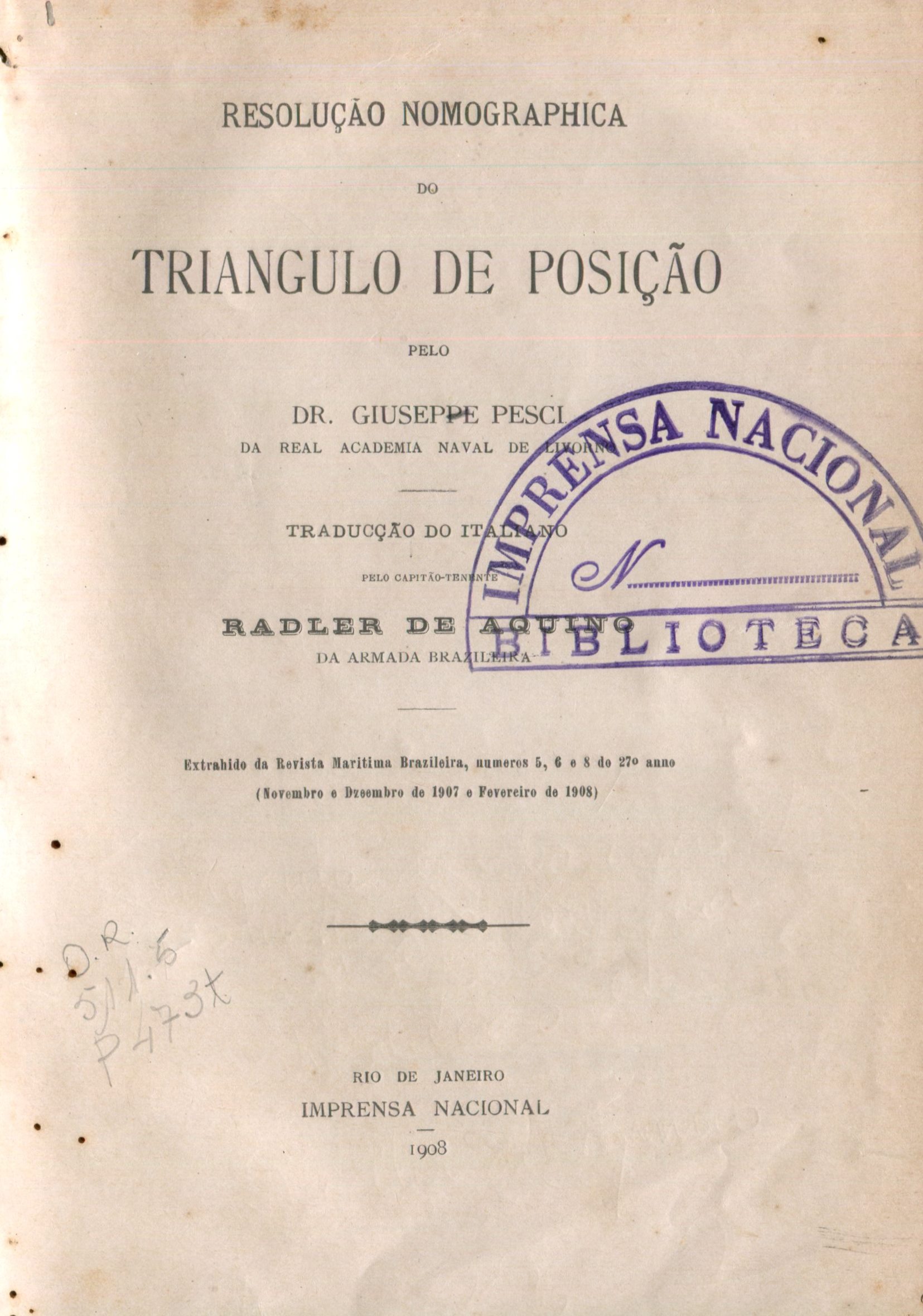 Capa do Livro Resolução Nomographica do Triangulo de Posição