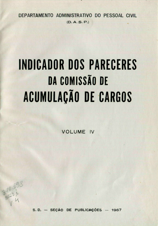 Capa do Livro Indicador dos Pareceres da Comissão de Acumulação de Cargos--Vol.IV