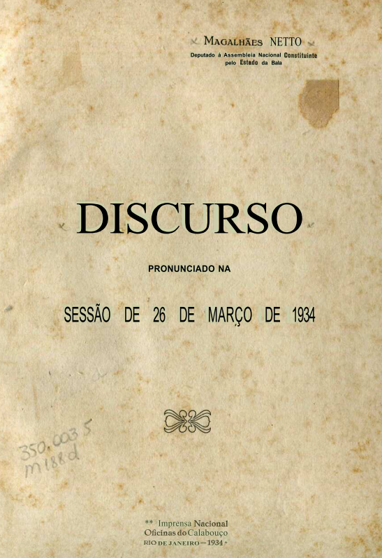 Capa do Livro Discurso Deputado Magalhães Netto