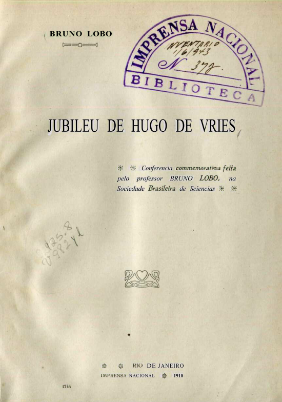 Capa do Livro Jubileu de Hugo de Vries