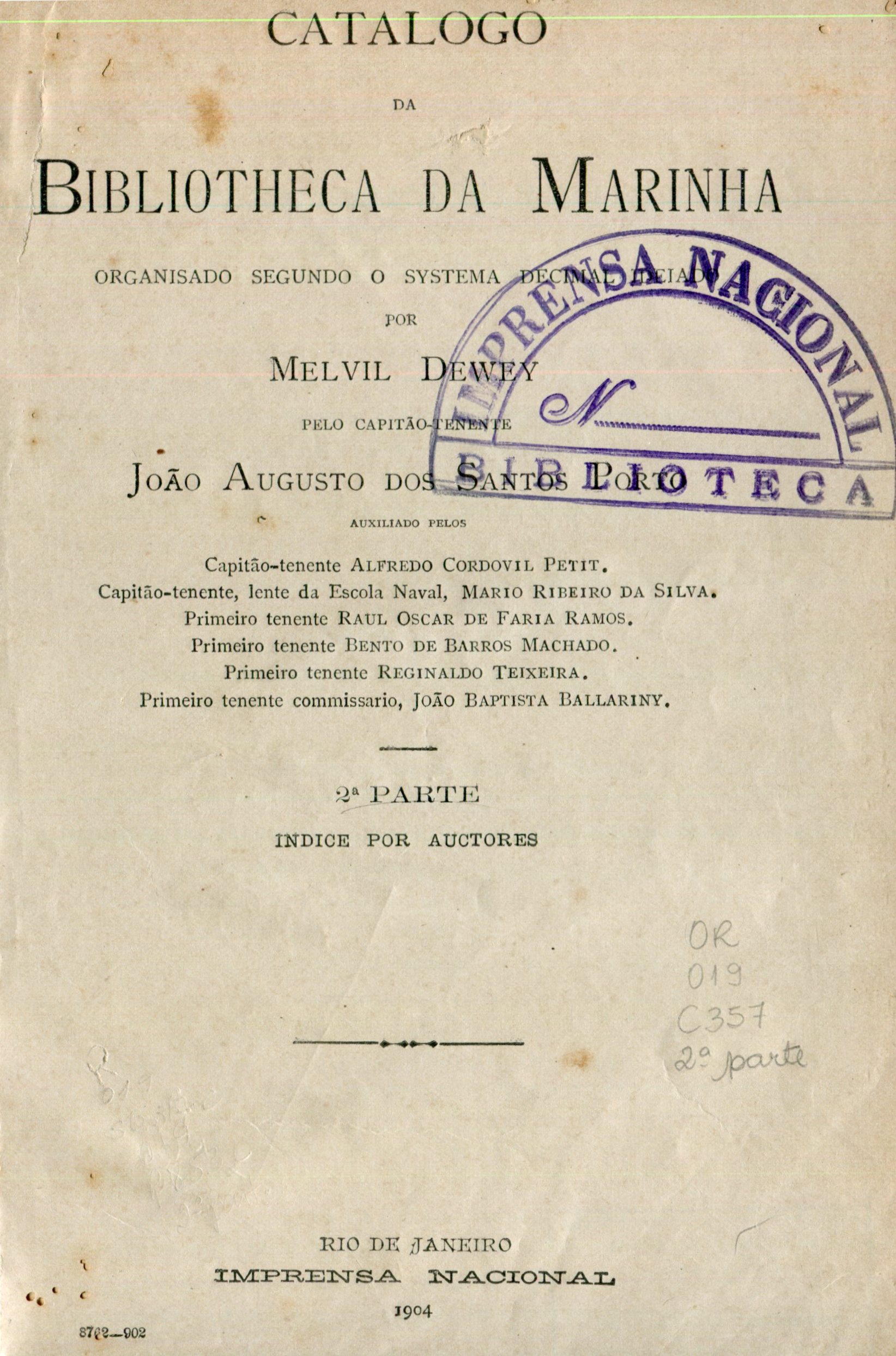 Capa do Livro Catalogo da Bibliotheca da Marinha
