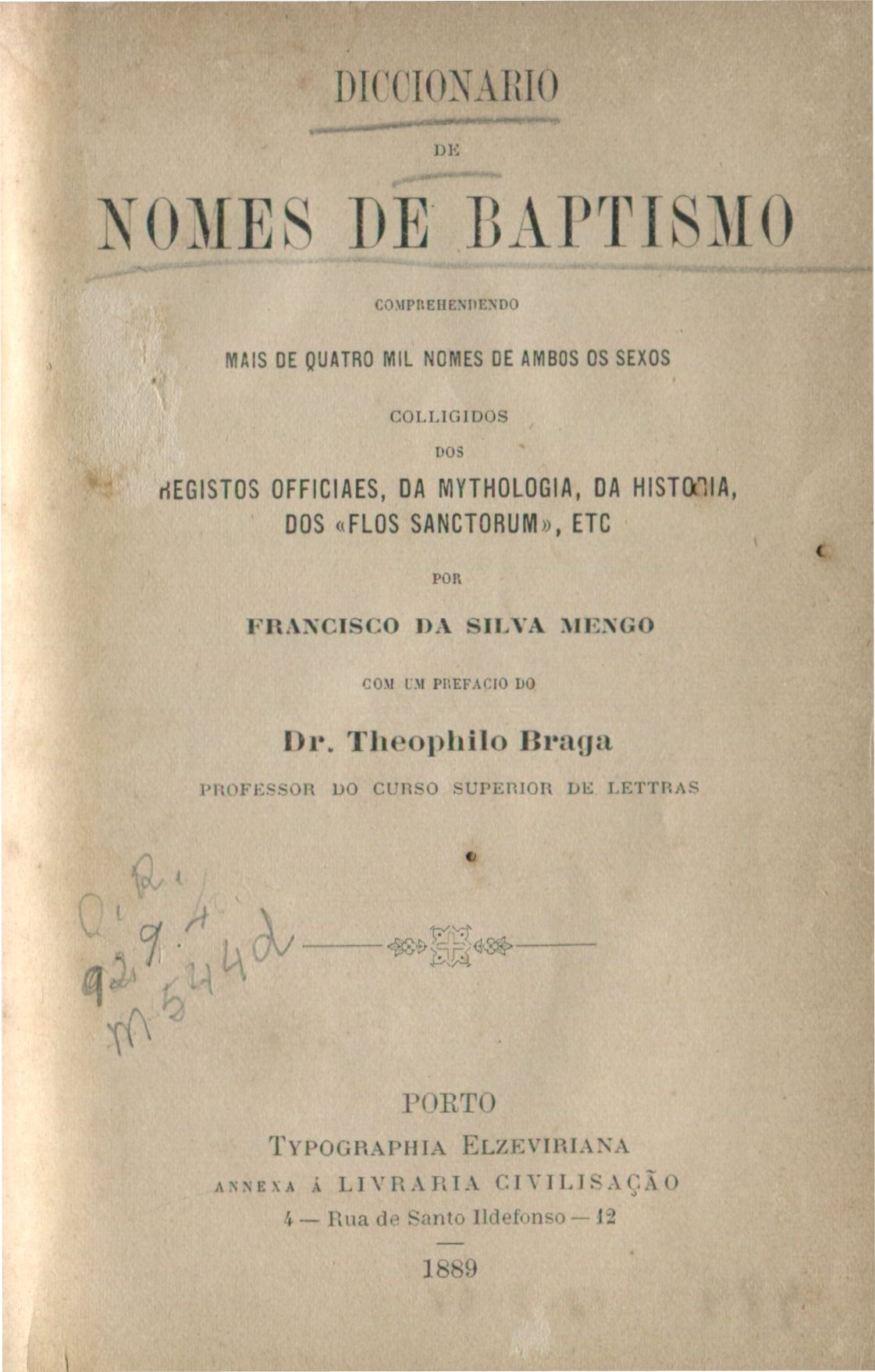 Capa do Livro Diccionario de Nomes de Baptismo