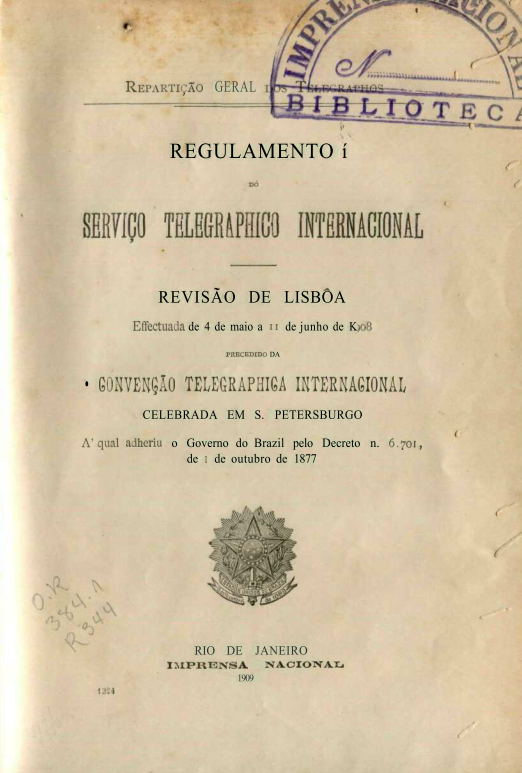Capa do Livro Regulamento do Serviço Telegraphico Internacional