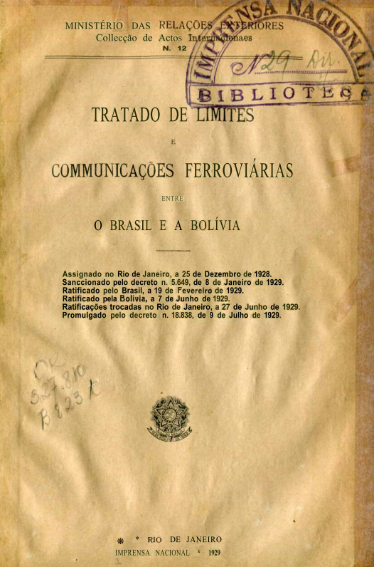 Capa do Livro Tratado de Limites e Communicações Ferroviárias Entre O Brasil e a Bolivia