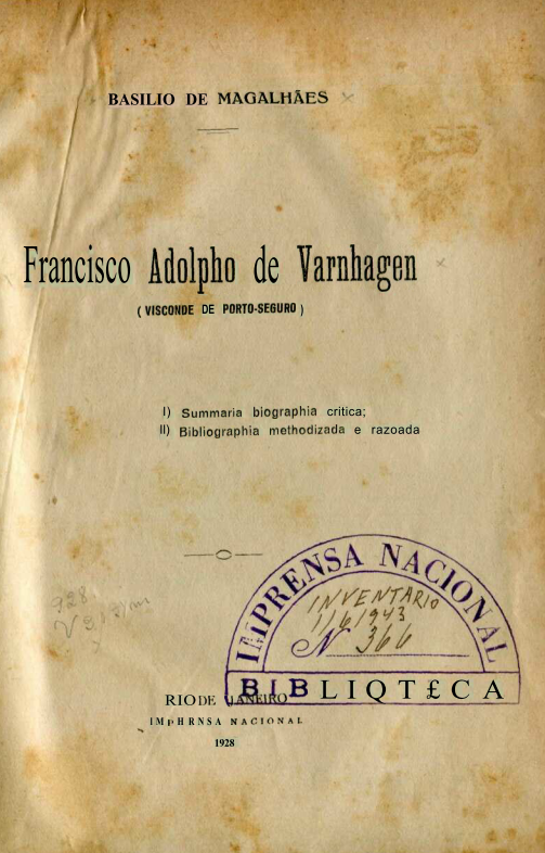 Capa do Livro Francisco Adolpho Varnhagen (Visconde de Porto Seguro)