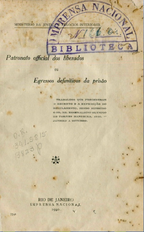 Capa do Livro Patronato Official dos Liberados ou Egressos definitivos da prisão