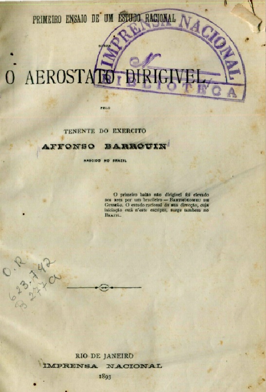 Capa do Livro Primeiro Ensaio de um Estudo Racional Sobre O AEROSTATO DIRIGIVEL