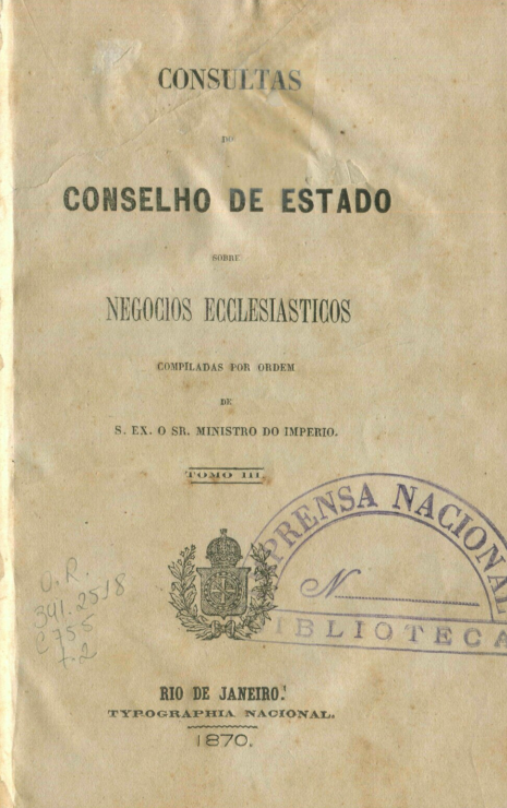 Capa do Livro Consultas do Conselho de Estado Sobre Negocios Ecclesiasticos-Tomo III